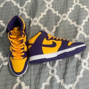 High top Jordan 1s purple and yellow